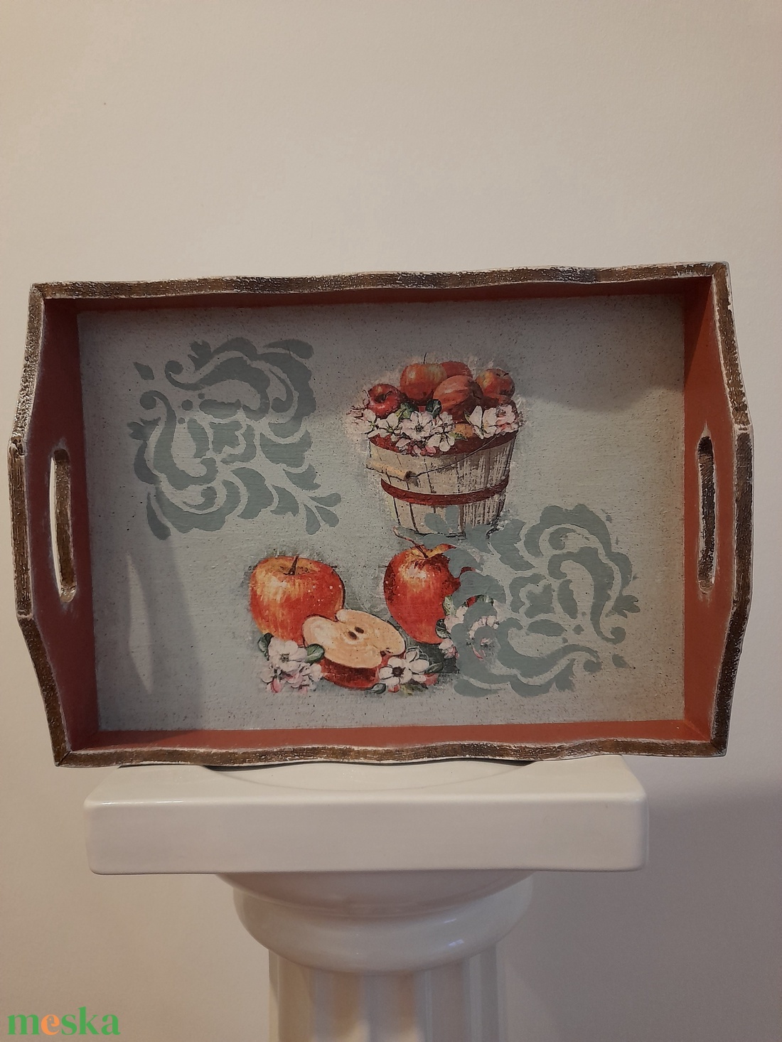 Tálca vintage őszi almás motivummal - otthon & életmód - konyhafelszerelés, tálalás - tálalás - tálca - Meska.hu