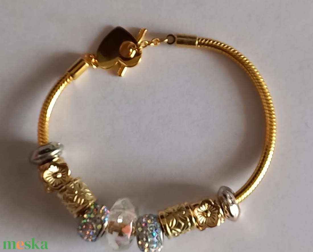 Pandora jellegű 14 K arany bevonatos karkötő 19 cm - esküvő - ékszer - karkötő & csuklódísz - Meska.hu