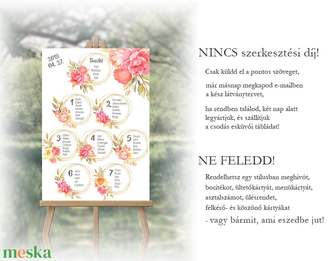 Ülésrend esküvőre - virágos mintával - esküvő - meghívó & kártya - ültetési rend - Meska.hu
