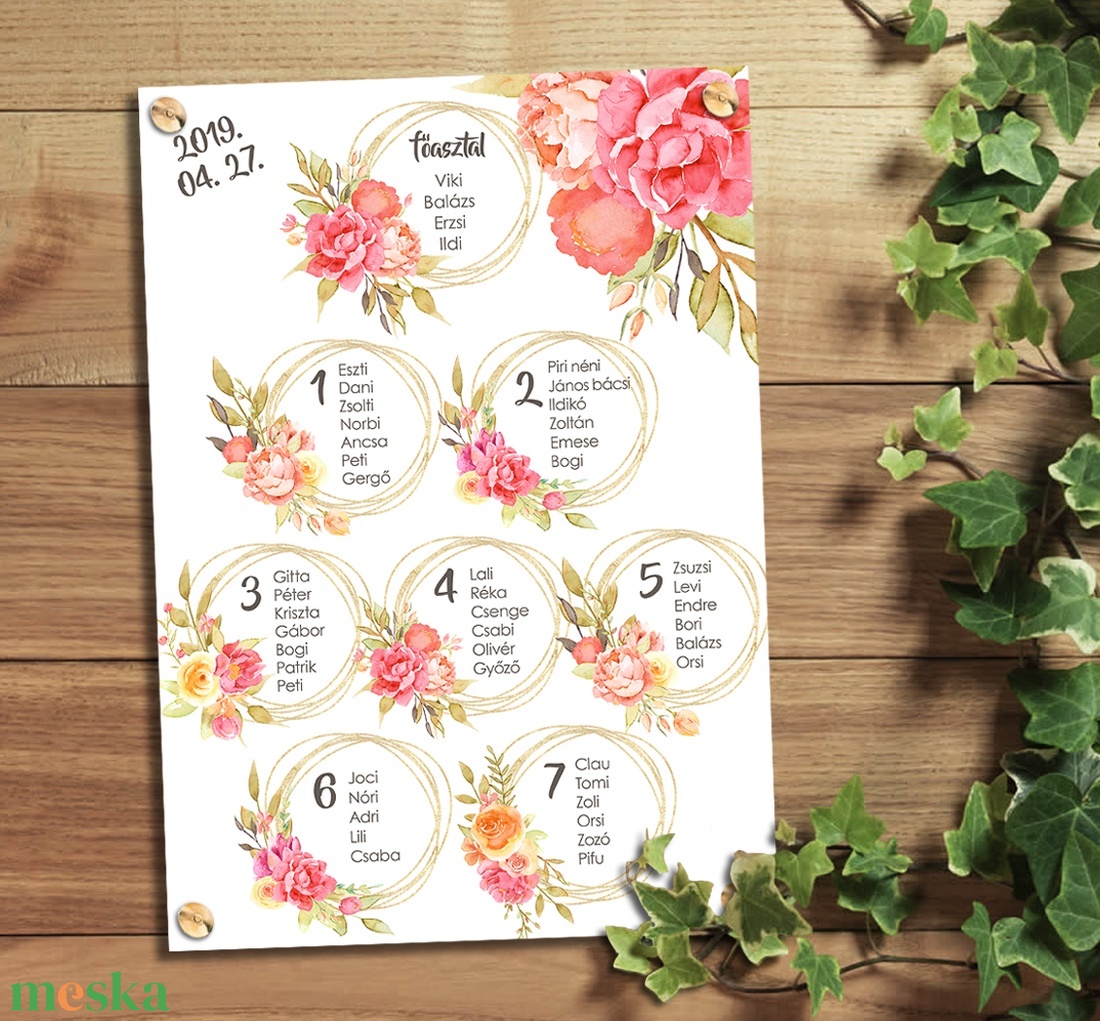 Ülésrend esküvőre - virágos mintával - esküvő - meghívó & kártya - ültetési rend - Meska.hu