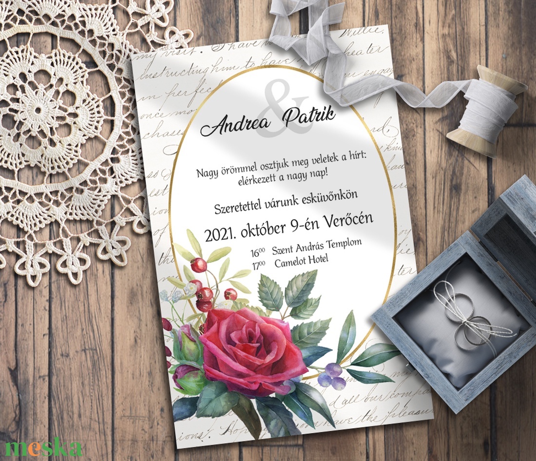 Esküvői meghívó klasszikus vörös rózsa ovális kerettel - esküvő - meghívó & kártya - meghívó - Meska.hu
