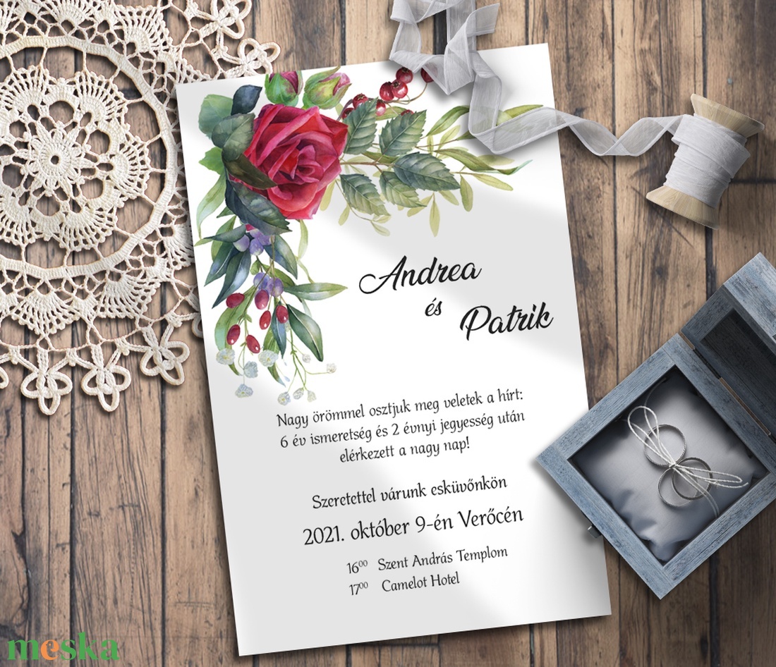 Esküvői meghívó klasszikus vörös rózsás bokrétával - esküvő - meghívó & kártya - meghívó - Meska.hu