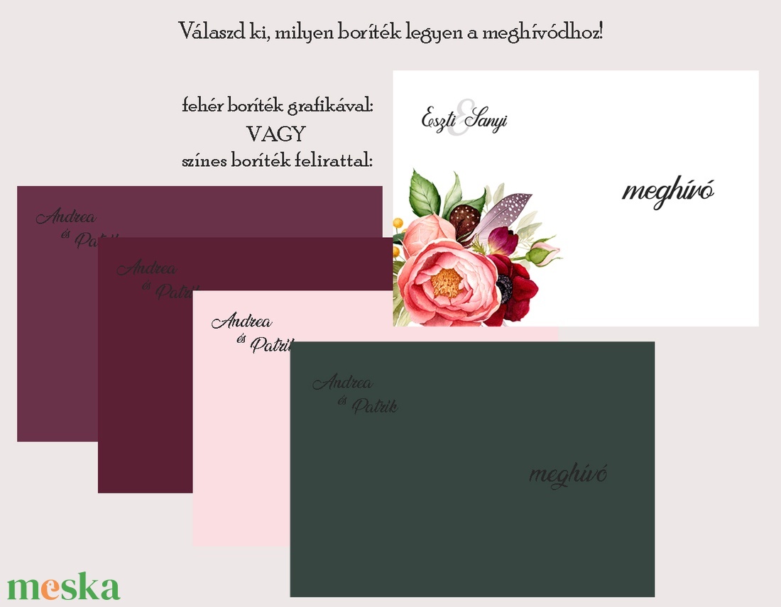 Esküvői meghívó bohém tarka-barka virágözön alul-felül - esküvő - meghívó & kártya - meghívó - Meska.hu