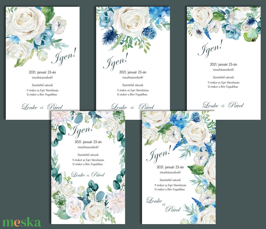 Esküvői meghívó fehér és kék virágokkal - esküvő - meghívó & kártya - meghívó - Meska.hu
