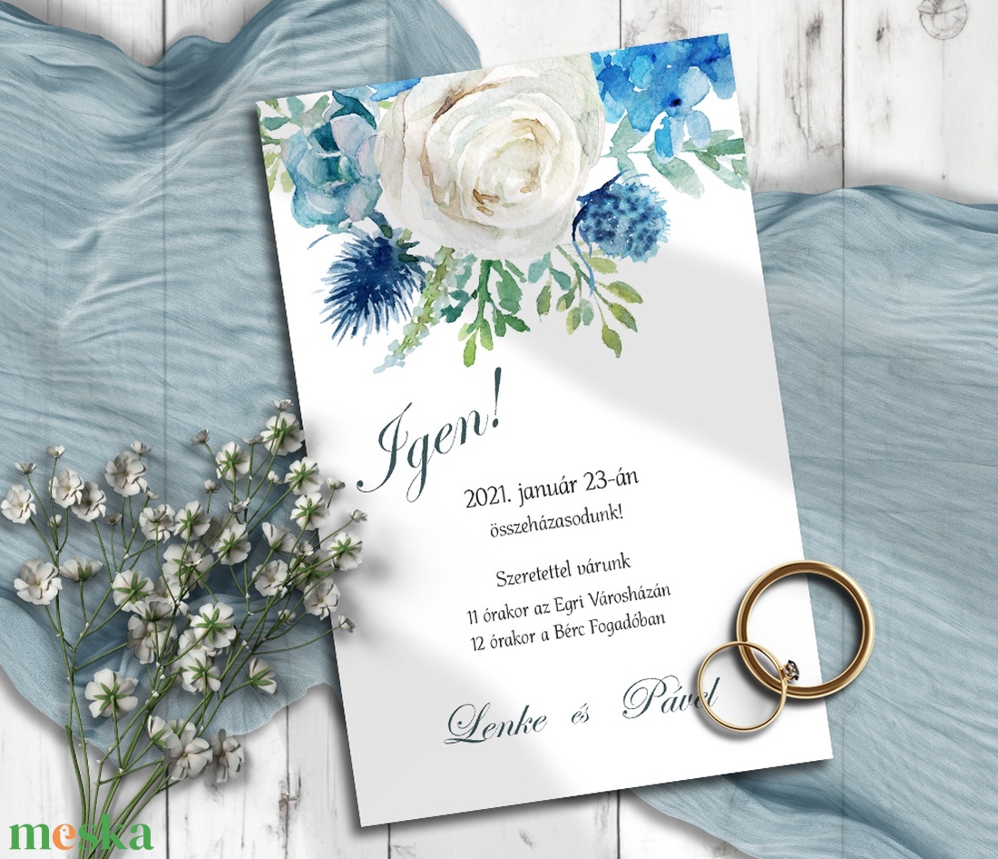 Esküvői meghívó fehér és kék virágokkal - esküvő - meghívó & kártya - meghívó - Meska.hu