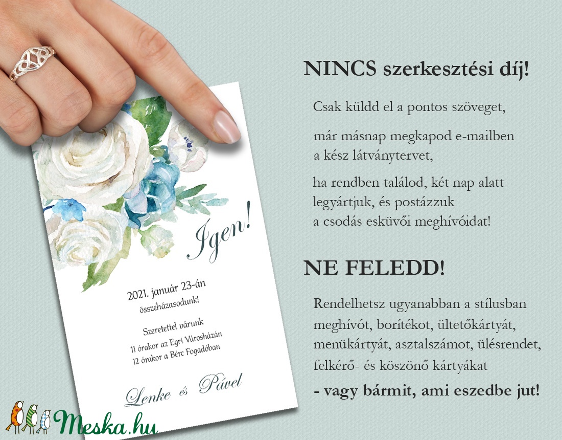 Esküvői meghívó fehér és kék virágokkal -  - Meska.hu