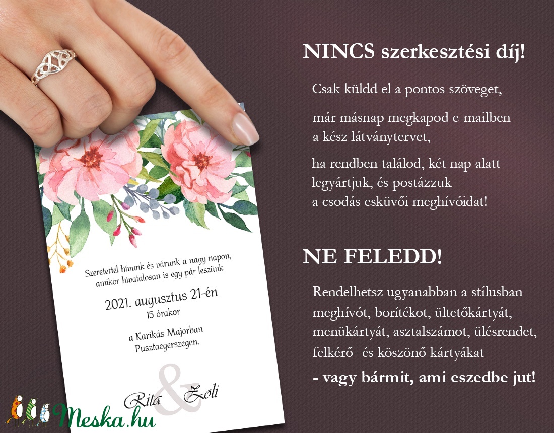 Esküvői meghívó sötétrózsaszínű virágokkal -  - Meska.hu