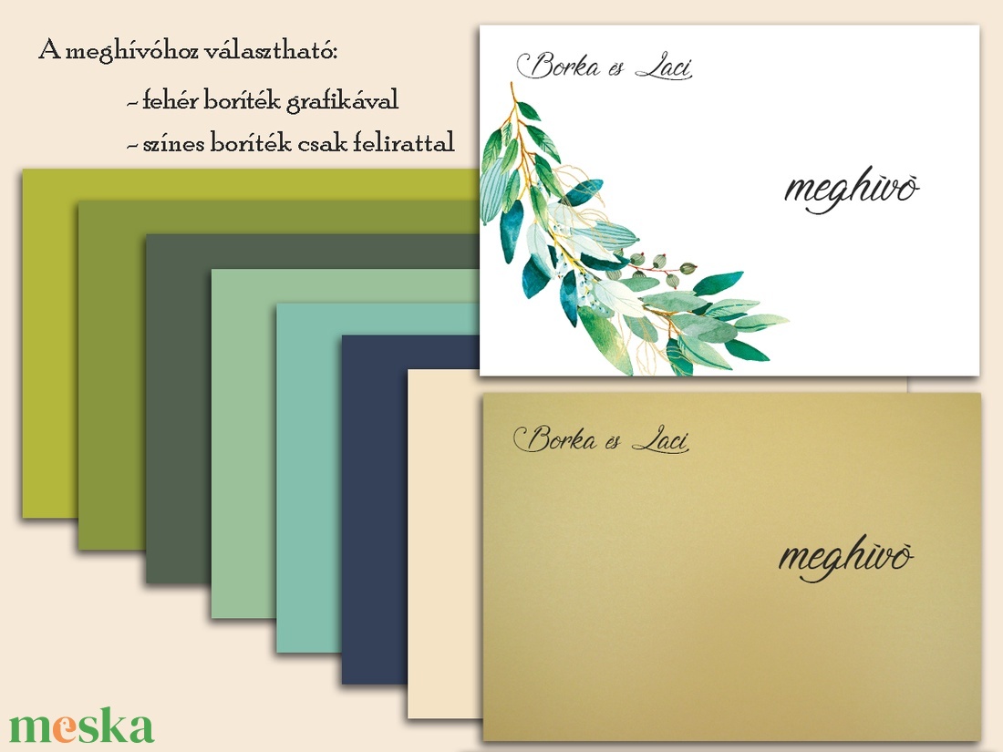 Esküvői meghívó: geometrikus keret greenery ágakkal és egy kis arany motívummal - esküvő - meghívó & kártya - meghívó - Meska.hu