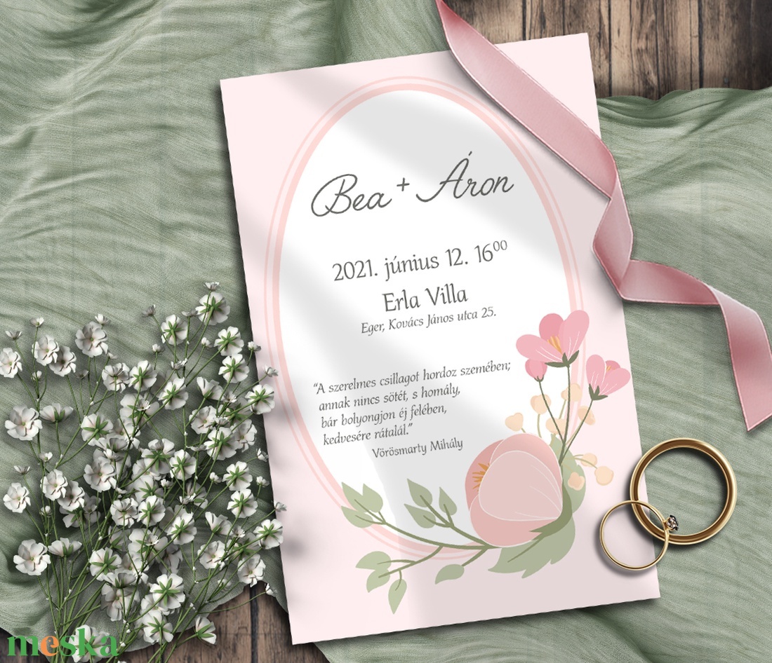 Esküvői meghívó bimbós virágokkal ovális keretben - esküvő - meghívó & kártya - meghívó - Meska.hu