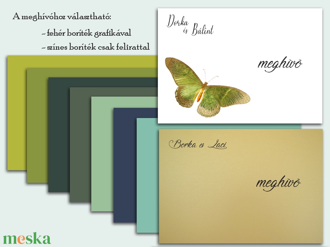 Esküvői meghívó nagy zöld pillangó modern kerettel - esküvő - meghívó & kártya - meghívó - Meska.hu