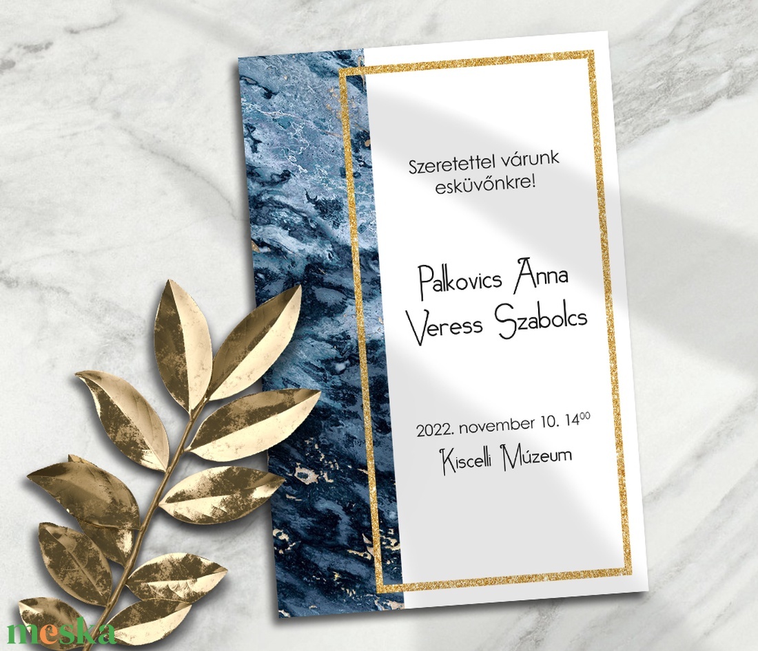 Esküvői meghívó kék márvány négyszögletes arany kerettel - esküvő - meghívó & kártya - meghívó - Meska.hu