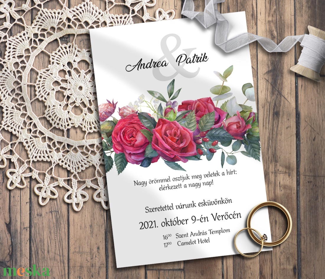 Esküvői meghívó klasszikus vörös rózsás grafikával - esküvő - meghívó & kártya - meghívó - Meska.hu