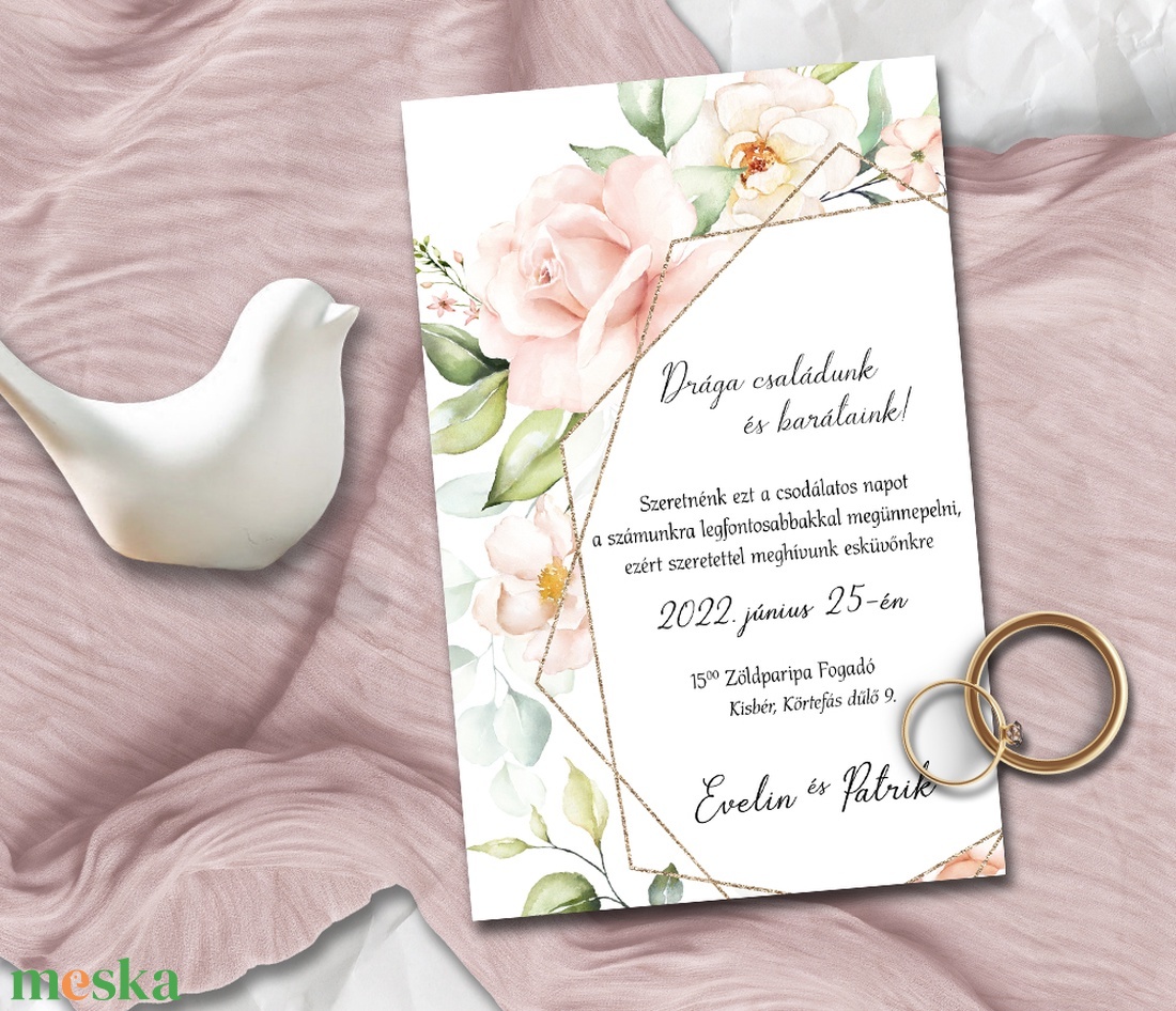 Esküvői meghívó pasztell rózsa geometrikus kerettel - esküvő - meghívó & kártya - meghívó - Meska.hu