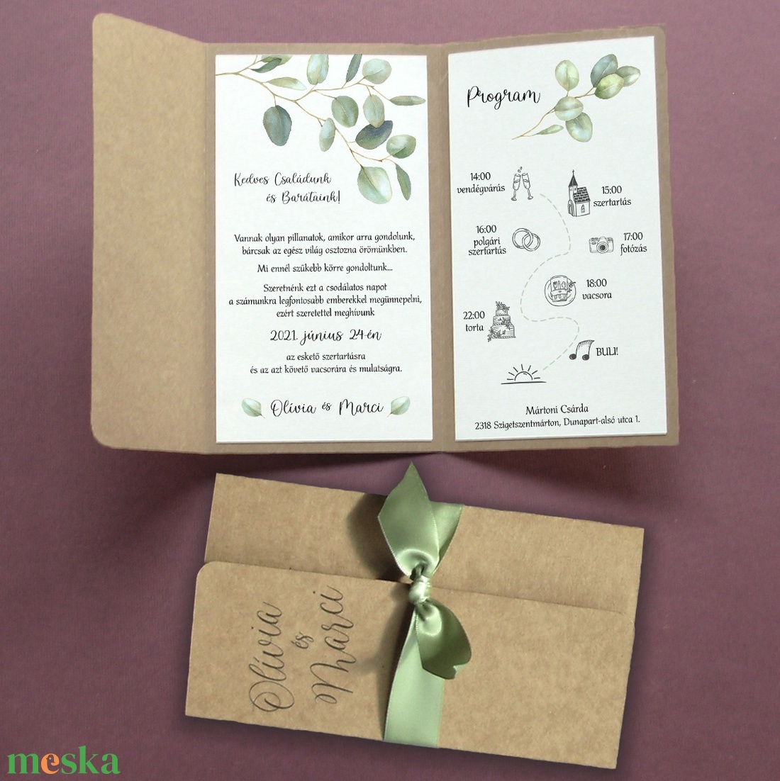 Hajtogatott kraft esküvői meghívó greenery festett eukaliptusz ággal - esküvő - meghívó & kártya - meghívó - Meska.hu