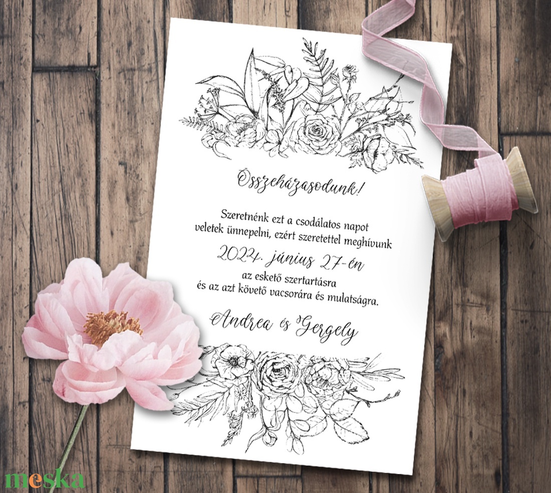 Esküvői meghívó fekete-fehér grafikával alul-felül - esküvő - meghívó & kártya - meghívó - Meska.hu