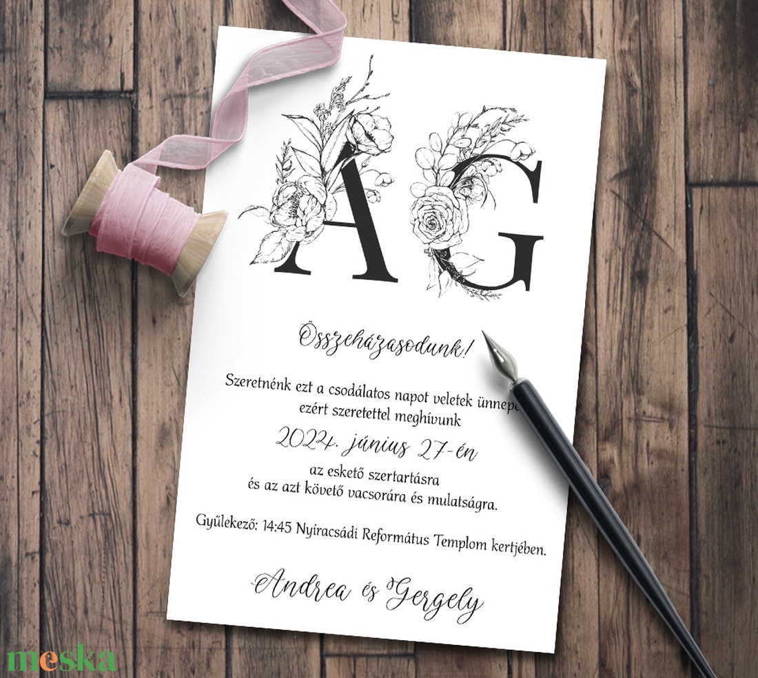 Esküvői meghívó fekete-fehér monogramos grafikával - esküvő - meghívó & kártya - meghívó - Meska.hu
