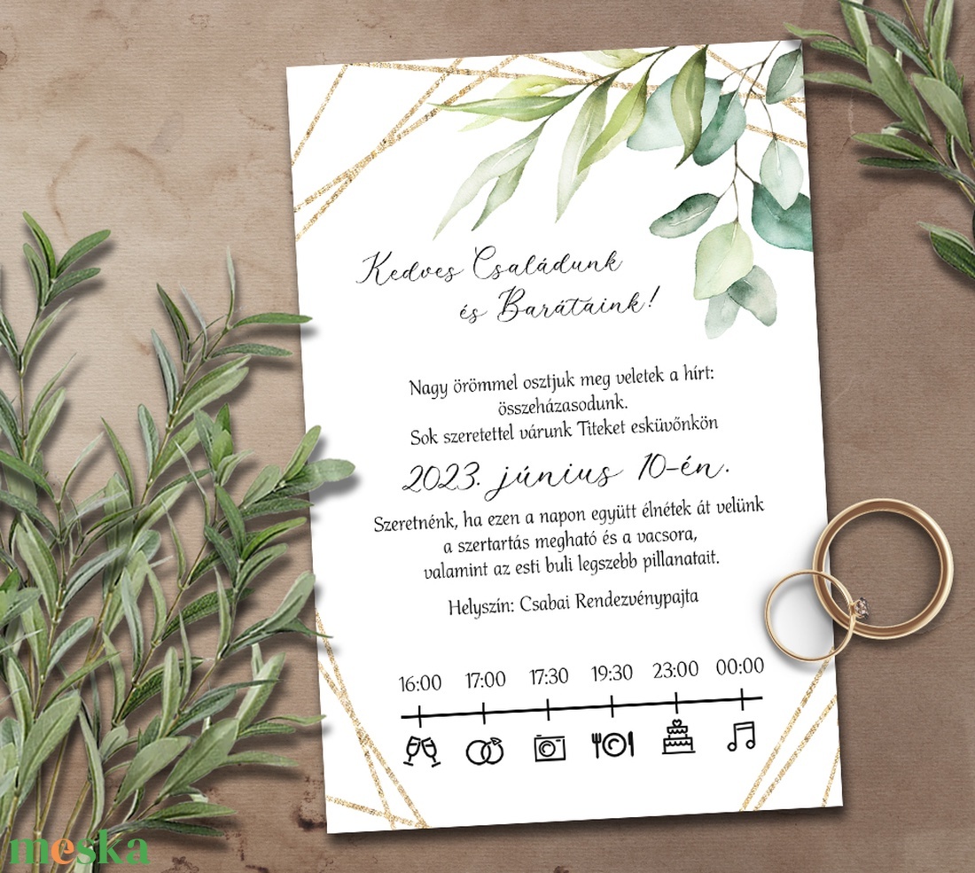 Esküvői meghívó greenery arany kerettel - esküvő - meghívó & kártya - meghívó - Meska.hu