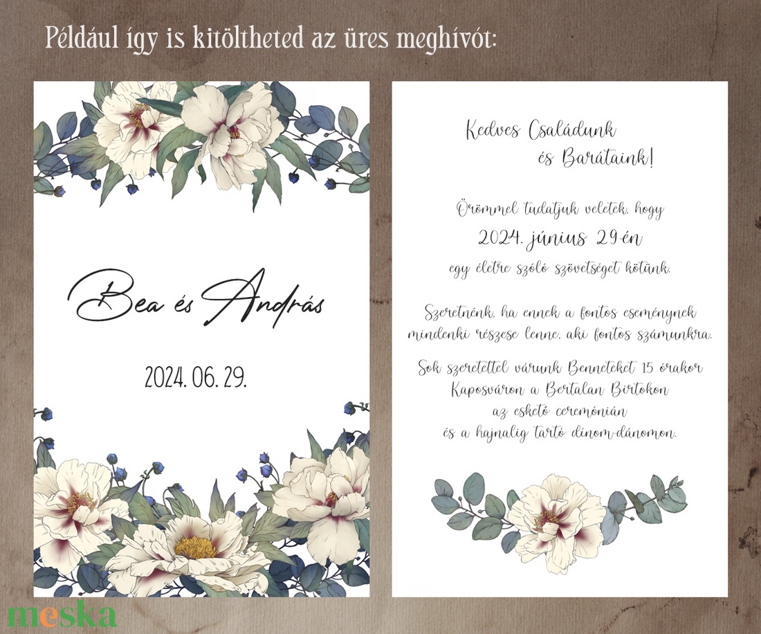 Képeslap kitölthető esküvői meghívó, bézs virágos - esküvő - meghívó & kártya - meghívó - Meska.hu