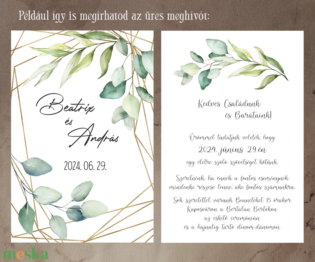 Képeslap kitölthető esküvői meghívó, greenery arany geometrikus - esküvő - meghívó & kártya - meghívó - Meska.hu
