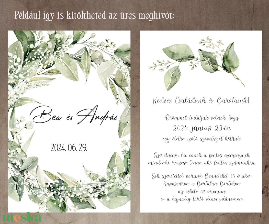 Képeslap kitölthető esküvői meghívó, naturális greenery koszorú - esküvő - meghívó & kártya - meghívó - Meska.hu
