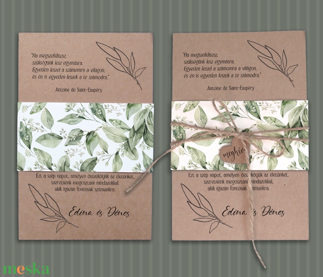 Esküvői meghívó kraft papír mintás papírszalaggal greenery - esküvő - meghívó & kártya - meghívó - Meska.hu