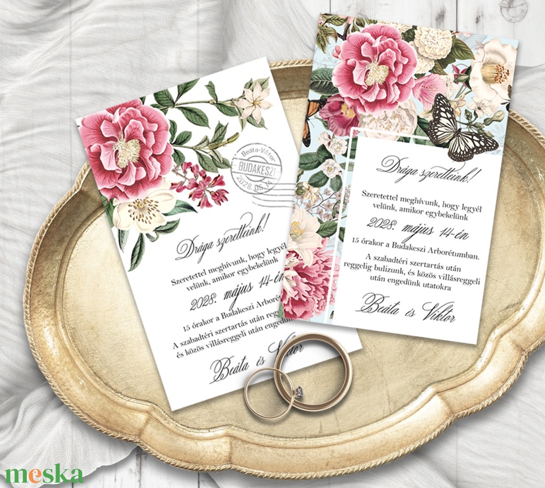 Esküvői meghívó vintage virágokkal - esküvő - meghívó & kártya - meghívó - Meska.hu