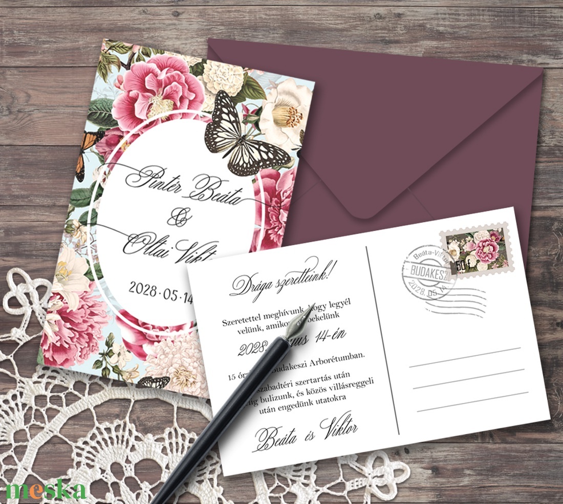 Esküvői meghívó vintage virágokkal - esküvő - meghívó & kártya - meghívó - Meska.hu