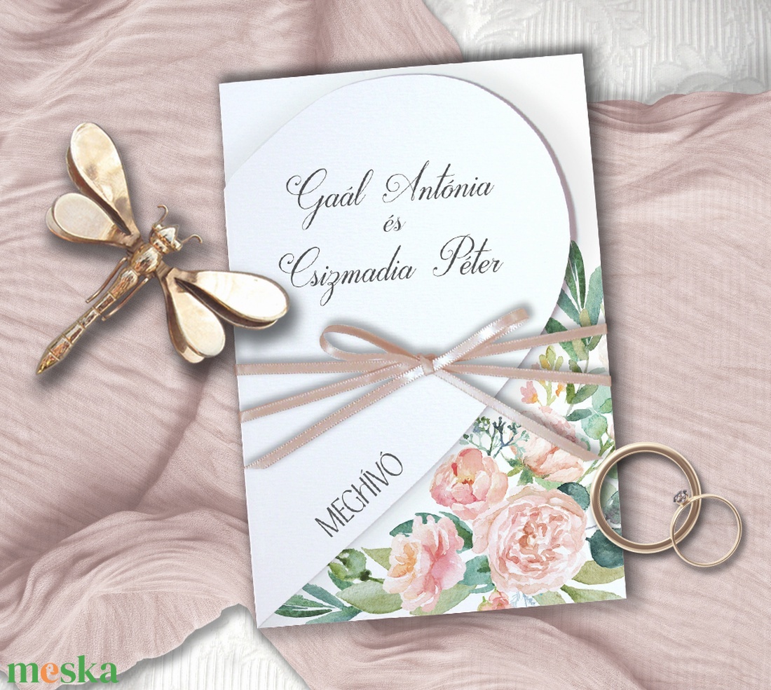 Szív alakú esküvői meghívó barackszínű akvarell virágokkal - esküvő - meghívó & kártya - meghívó - Meska.hu