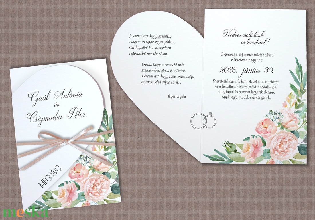 Szív alakú esküvői meghívó barackszínű akvarell virágokkal - esküvő - meghívó & kártya - meghívó - Meska.hu