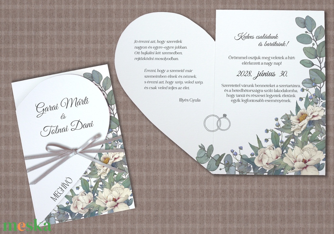 Szív alakú esküvői meghívó bézs virágokkal - esküvő - meghívó & kártya - meghívó - Meska.hu