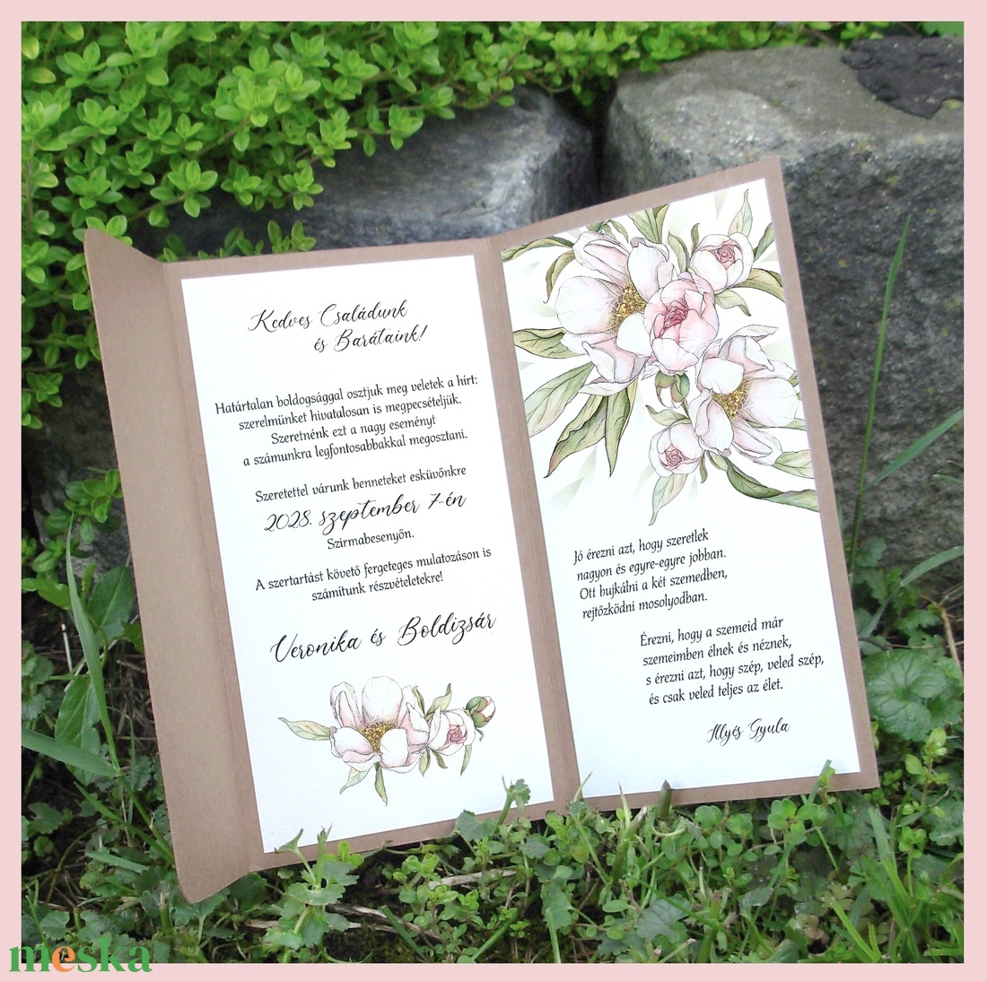 Hajtogatott kraft esküvői meghívó rusztikus púder virágos - esküvő - meghívó & kártya - meghívó - Meska.hu
