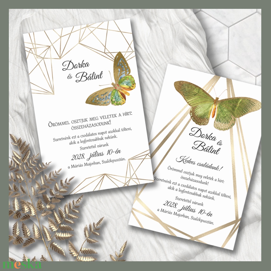 Esküvői meghívó: vintage pillangó modern arany kerettel - esküvő - meghívó & kártya - meghívó - Meska.hu