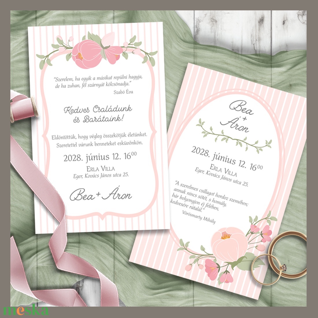 Esküvői meghívó bimbós virágok romantikus kerettel - esküvő - meghívó & kártya - meghívó - Meska.hu