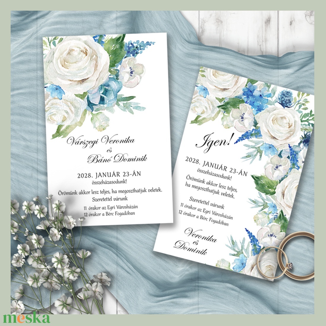 Esküvői meghívó akvarell törtfehér és kék virágokkal - esküvő - meghívó & kártya - meghívó - Meska.hu