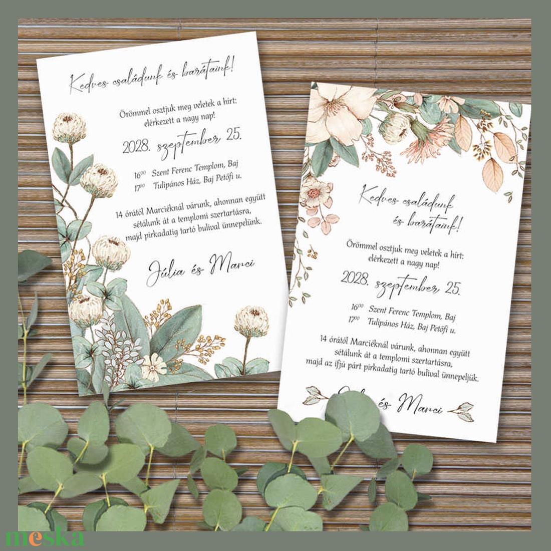 Esküvői meghívó pasztelkrétával rajzolt rusztikus virágokkal - esküvő - meghívó & kártya - meghívó - Meska.hu