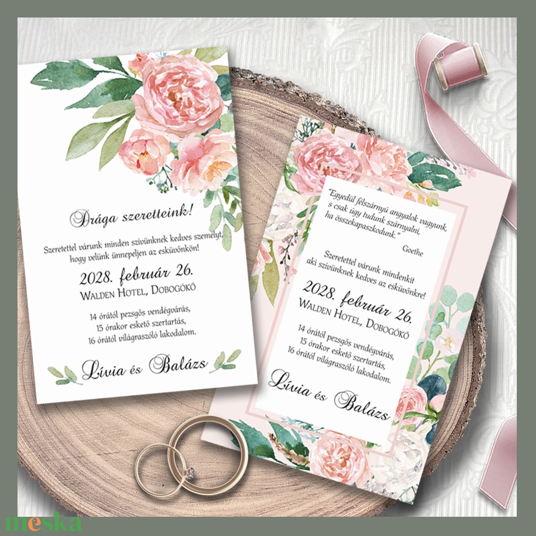 Esküvői meghívó festett barack-rózsa bazsarózsa - esküvő - meghívó & kártya - meghívó - Meska.hu