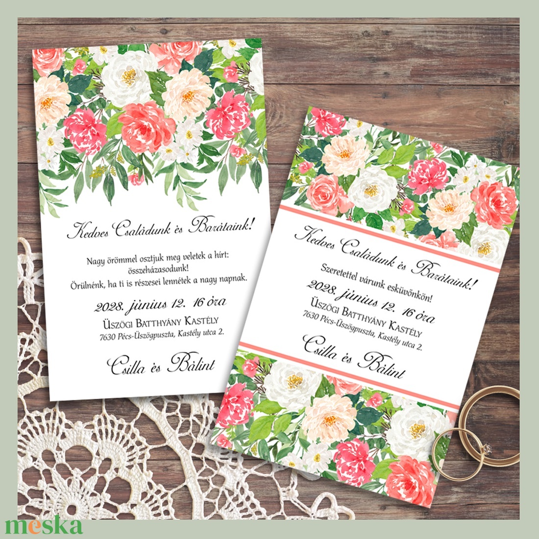 Esküvői meghívó piros-fehér akvarell virágok - esküvő - meghívó & kártya - meghívó - Meska.hu