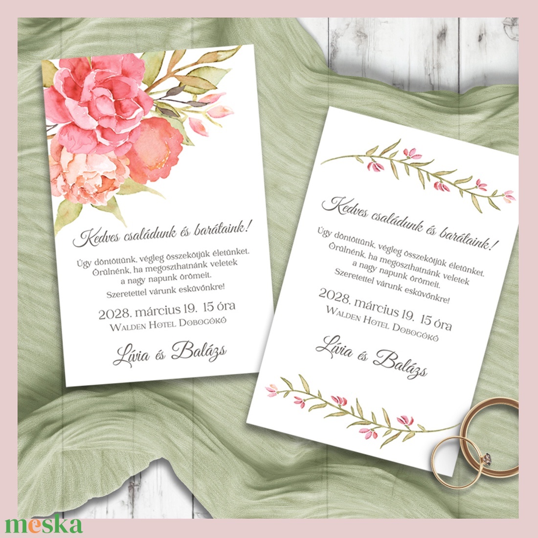 Esküvői meghívó akvarell virágokkal - esküvő - meghívó & kártya - meghívó - Meska.hu