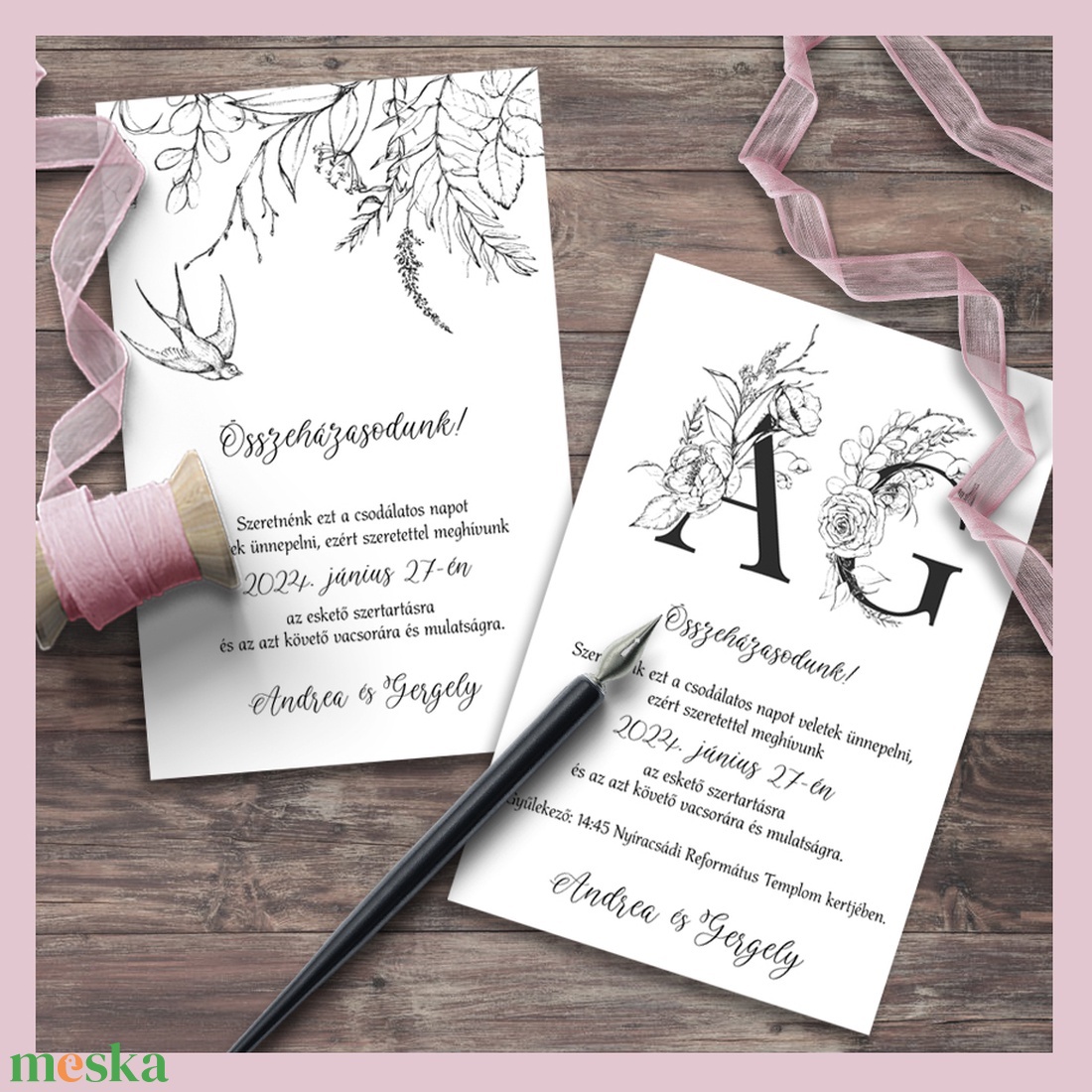 Esküvői meghívó fekete-fehér bohém ceruzarajzzal - esküvő - meghívó & kártya - meghívó - Meska.hu