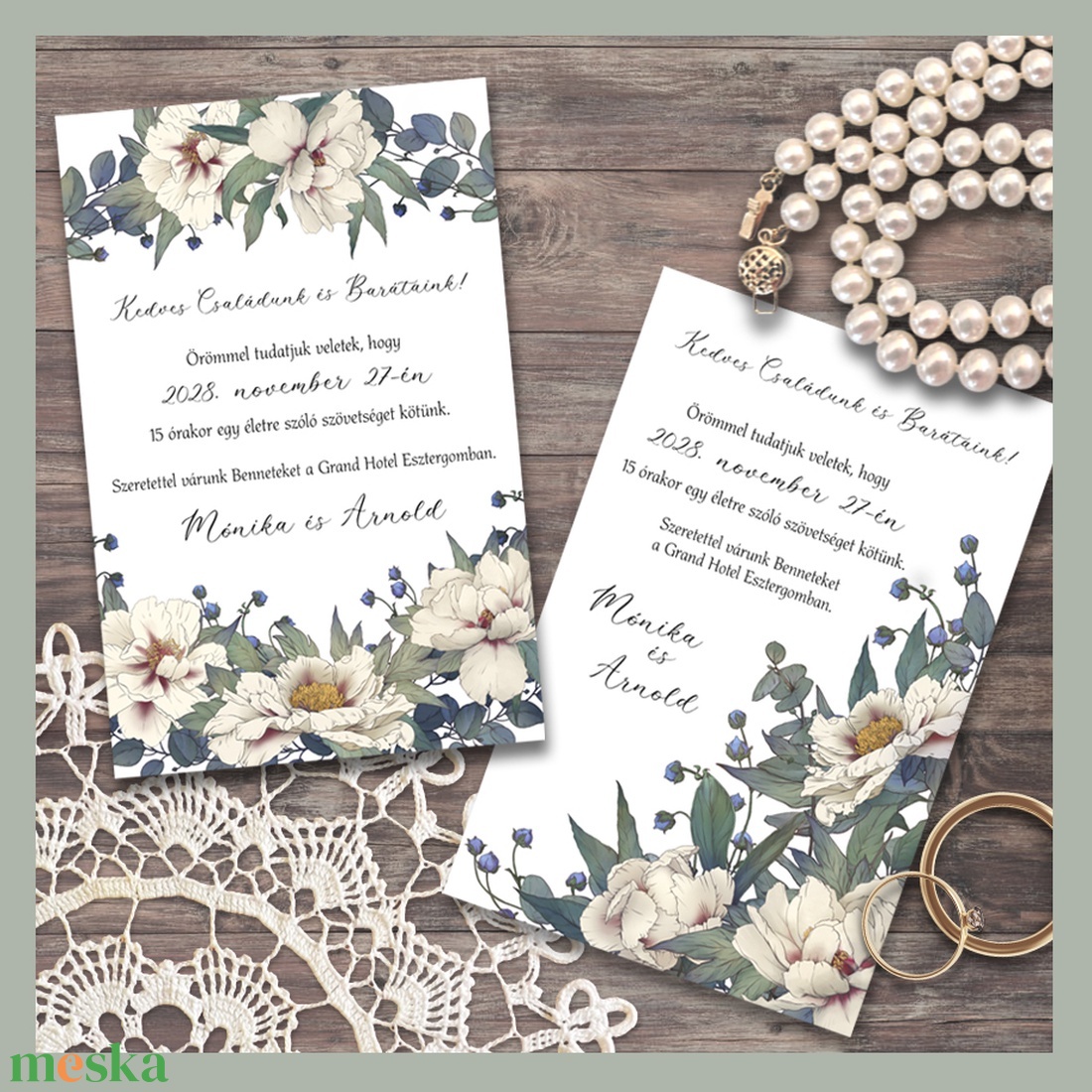 Esküvői meghívó bézs virágokkal - esküvő - meghívó & kártya - meghívó - Meska.hu