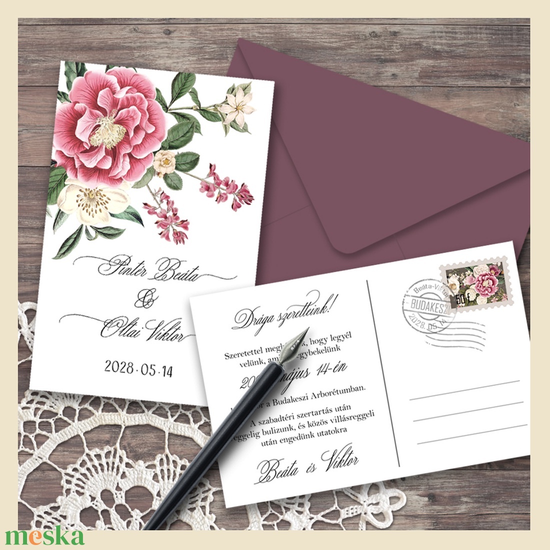 Vintage virágos esküvői meghívó - esküvő - meghívó & kártya - meghívó - Meska.hu