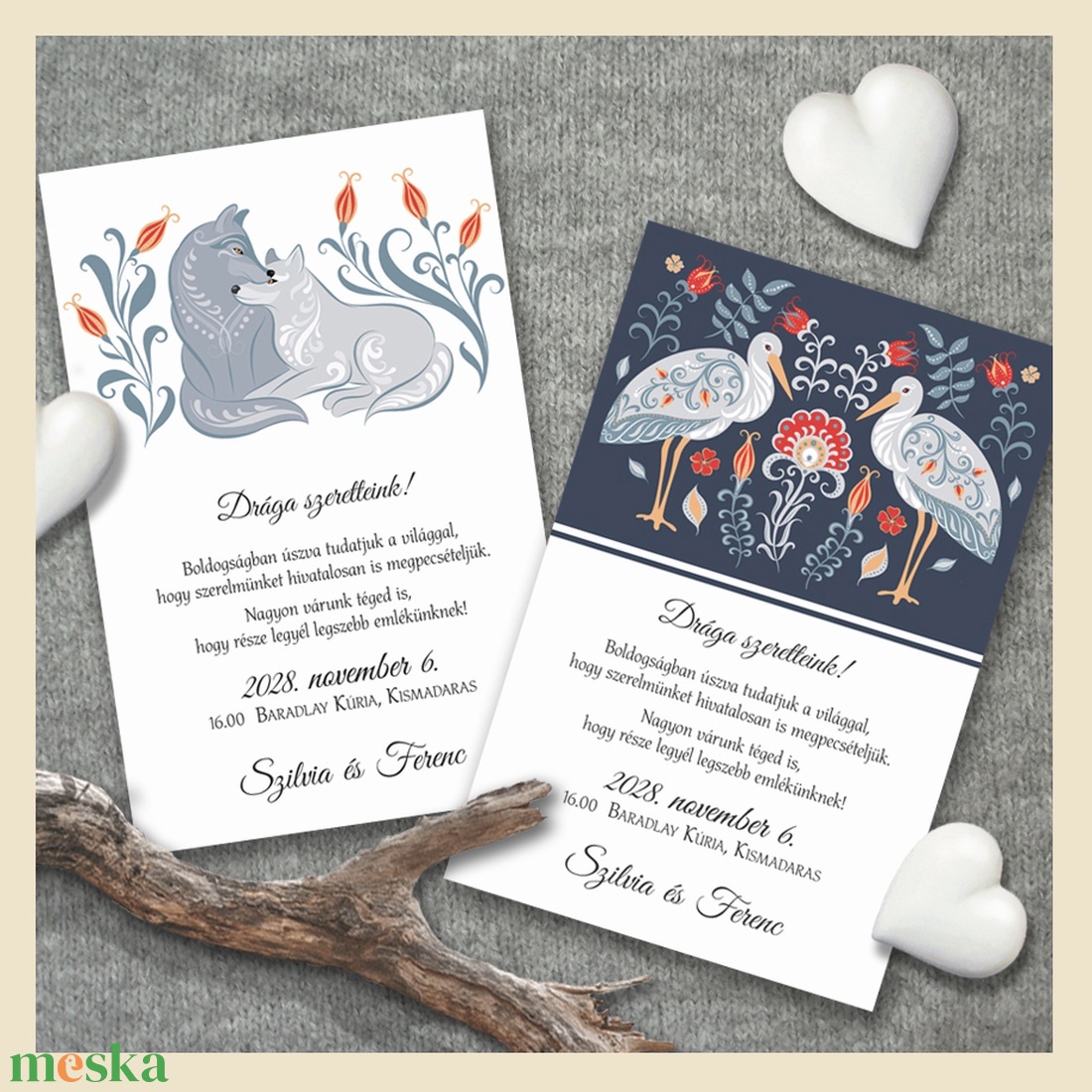 Esküvői meghívó folk art állatkákkal - esküvő - meghívó & kártya - meghívó - Meska.hu