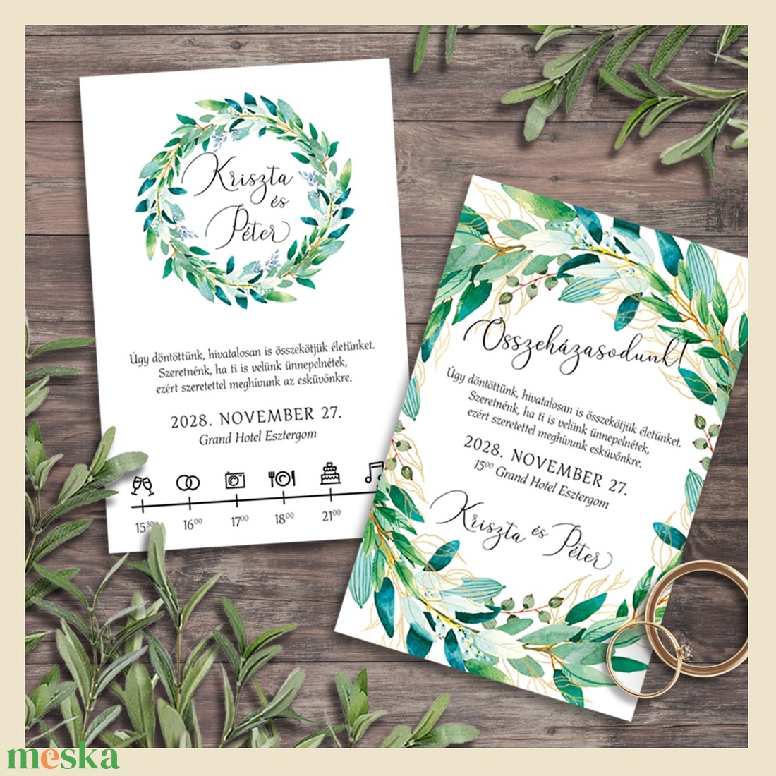 Esküvői meghívó zöldleveles koszorús - esküvő - meghívó & kártya - meghívó - Meska.hu
