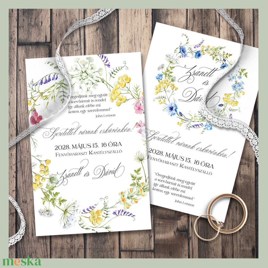 Esküvői meghívó vadvirág koszorúval - esküvő - meghívó & kártya - meghívó - Meska.hu