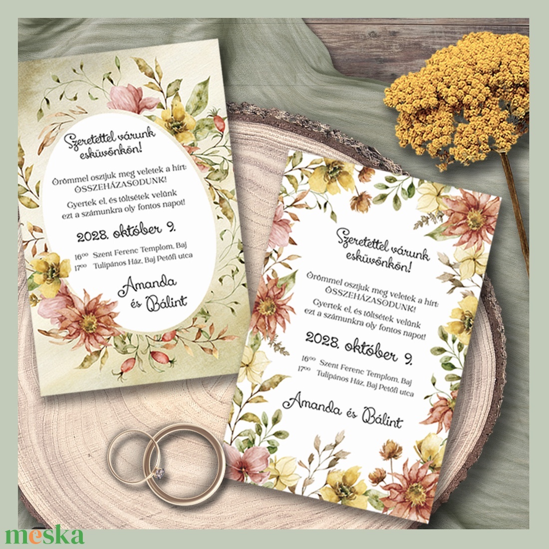 Esküvői meghívó őszi virágokkal - esküvő - meghívó & kártya - meghívó - Meska.hu