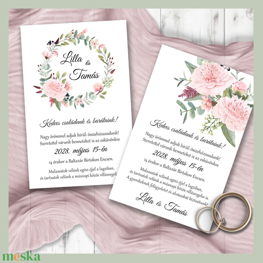 Esküvői meghívó halványrózsaszín festett tavaszi virágmintával - esküvő - meghívó & kártya - meghívó - Meska.hu