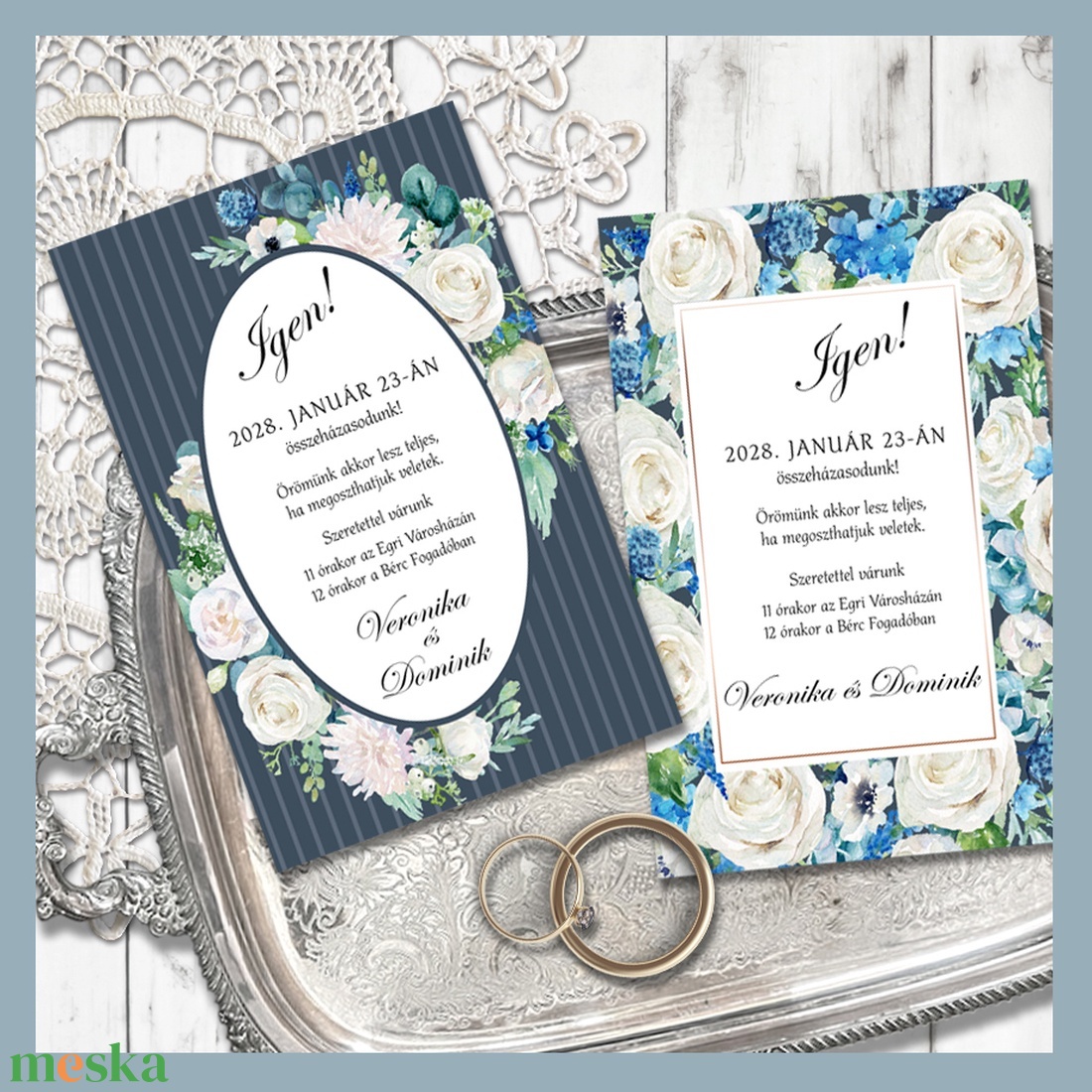 Esküvői meghívó keretbe rendezett fehér és kék virágokkal - esküvő - meghívó & kártya - meghívó - Meska.hu