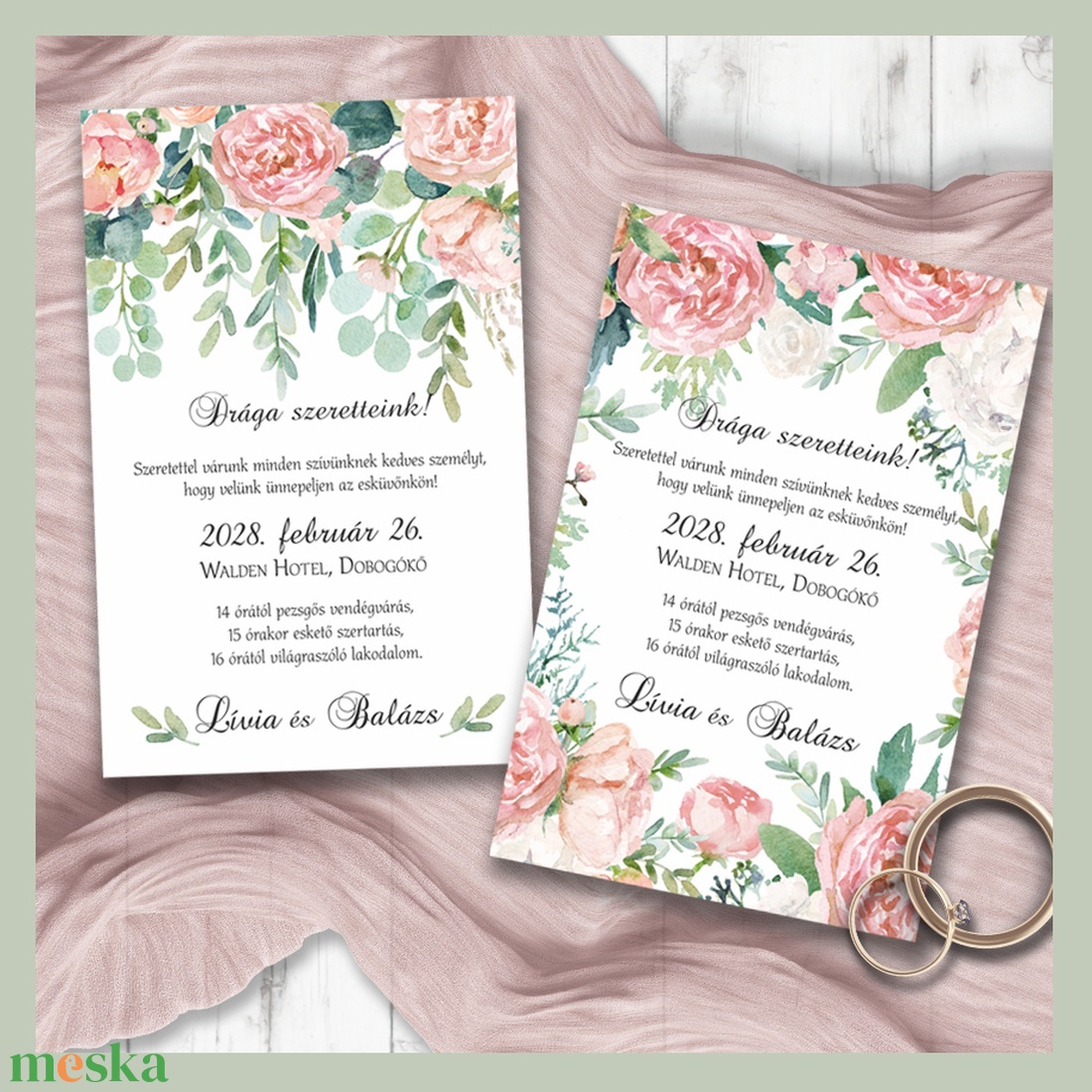 Esküvői meghívó festett barack bazsarózsa - esküvő - meghívó & kártya - meghívó - Meska.hu