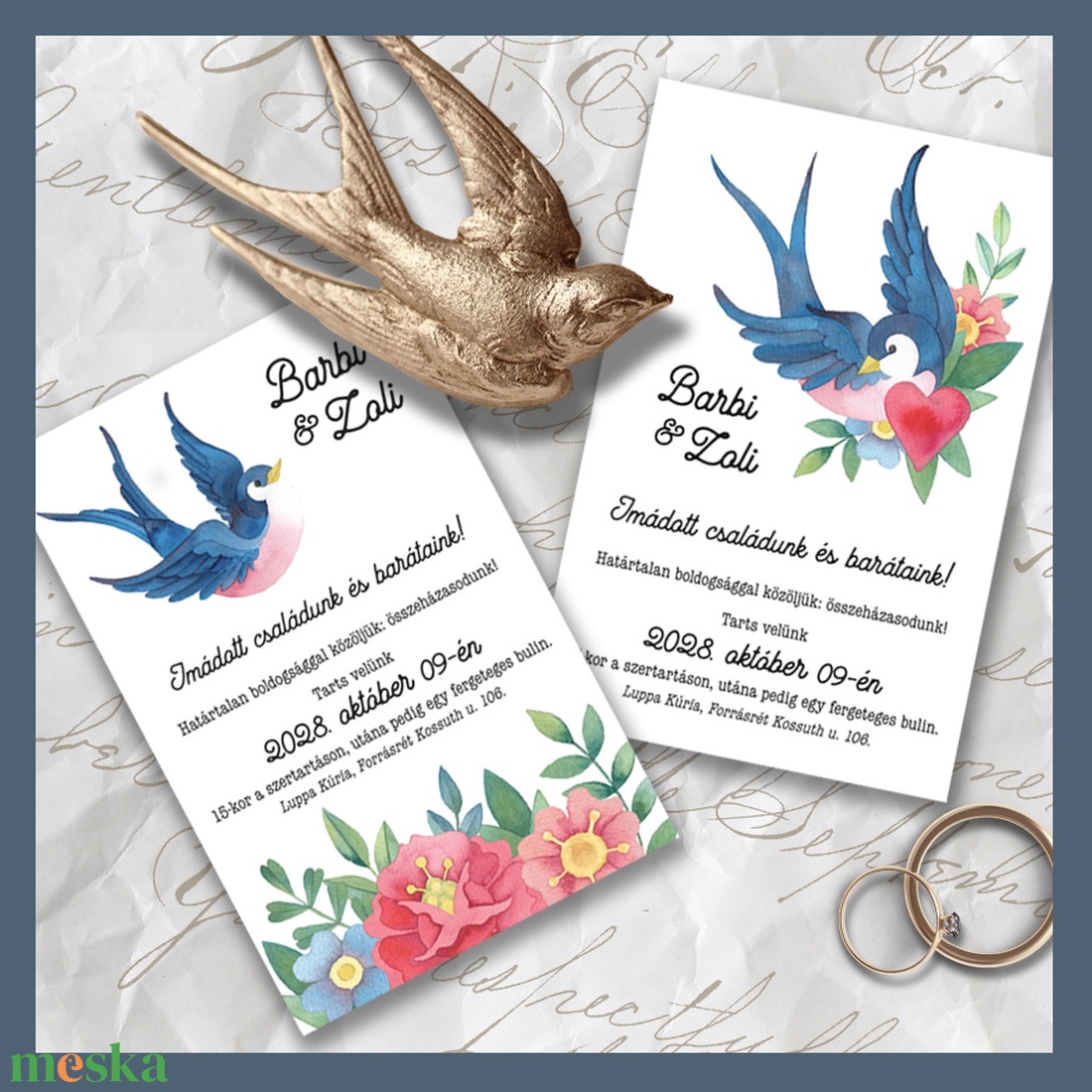 Esküvői meghívó old school fecskés grafikával - esküvő - meghívó & kártya - meghívó - Meska.hu