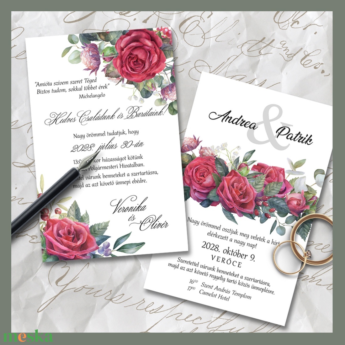 Esküvői meghívó klasszikus vörös rózsás grafikával - esküvő - meghívó & kártya - meghívó - Meska.hu